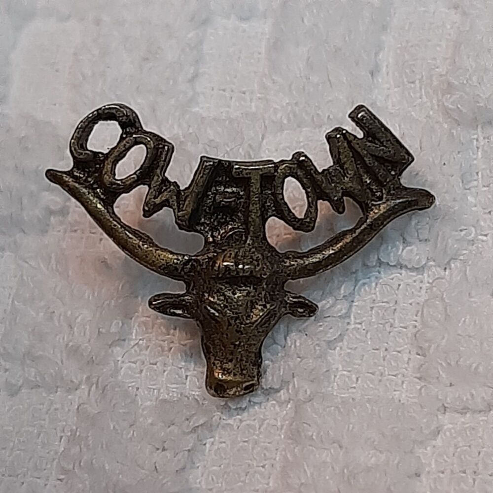 Vintage COW-TOWN metal lapel tac pin Bull Head Horns Gold/Brass-Tone